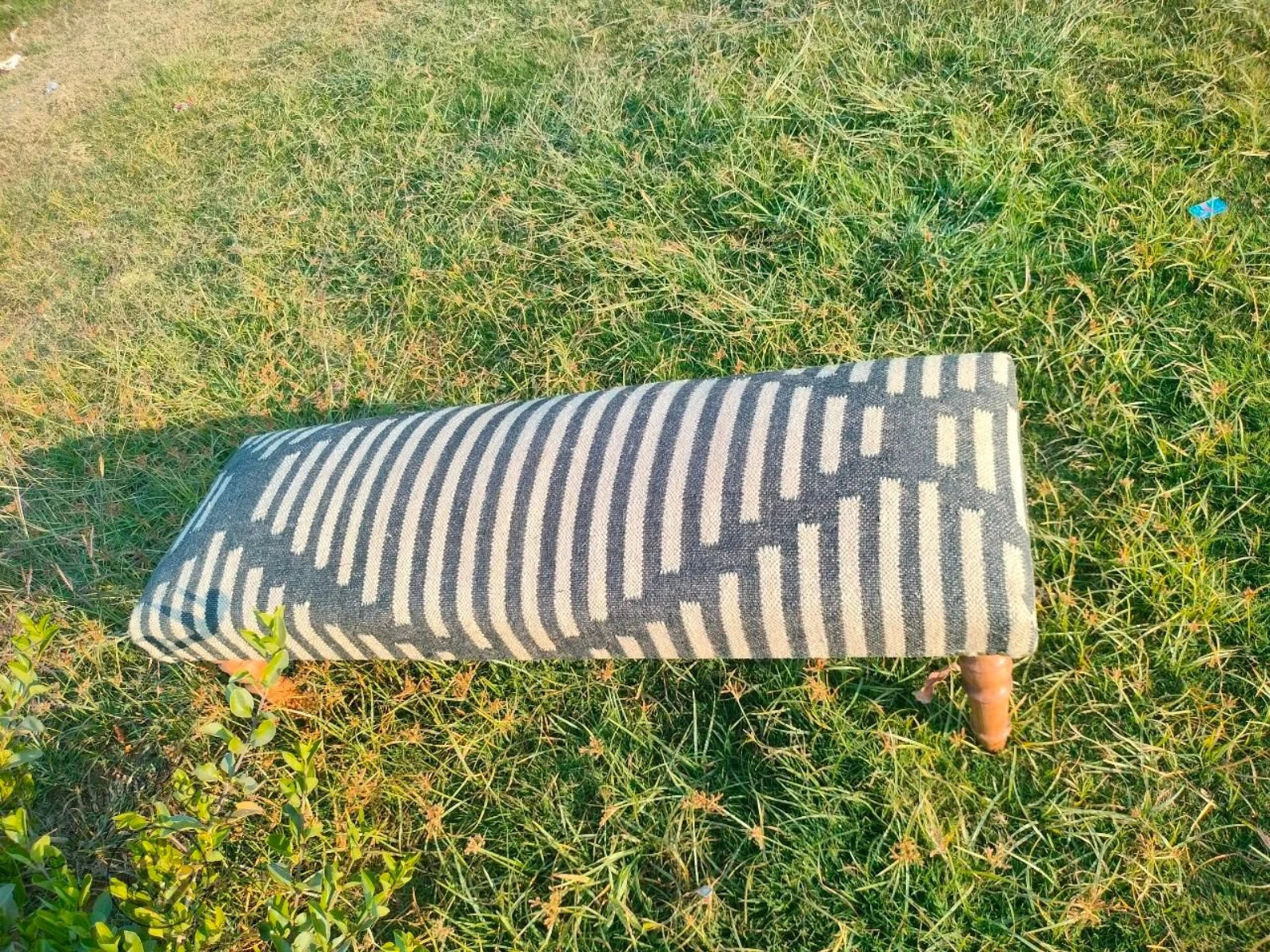 Artisan Kilim Pattern Bench  Wooden Ottoman with Vintage Woven Upholstery