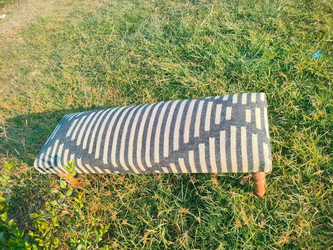 Artisan Kilim Pattern Bench  Wooden Ottoman with Vintage Woven Upholstery