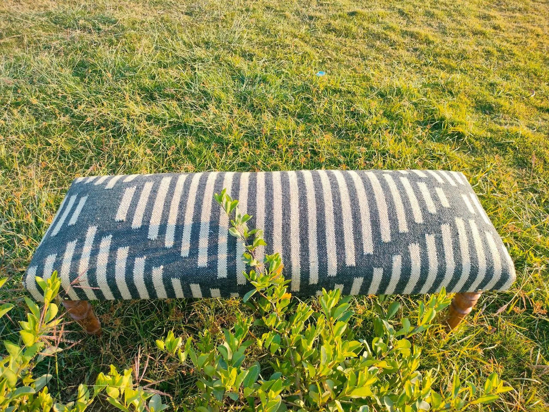 Artisan Kilim Pattern Bench  Wooden Ottoman with Vintage Woven Upholstery
