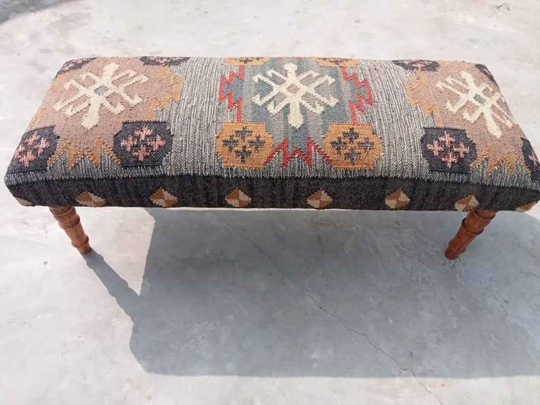Kilim Bench Ottoman | Handcrafted Wooden Accent Bench with Vintage Kilim Upholstery