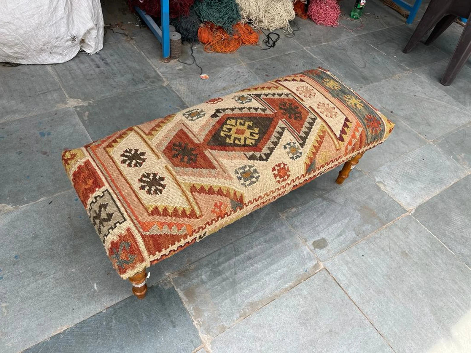 Handwoven Wool Jute Kilim Bench Upholstered Wooden Ottoman Bench