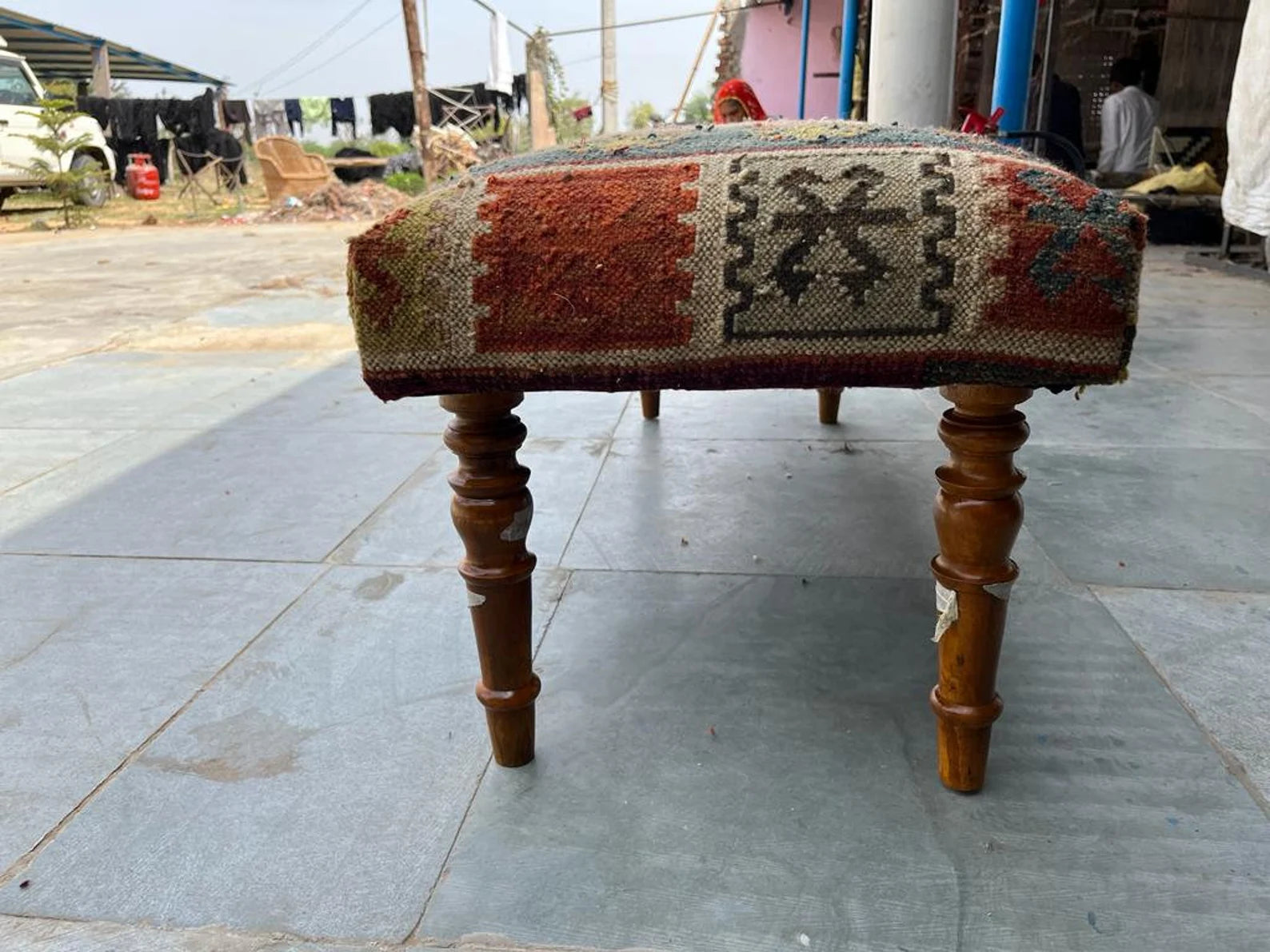 Handwoven Wool Jute Kilim Bench Upholstered Wooden Ottoman Bench