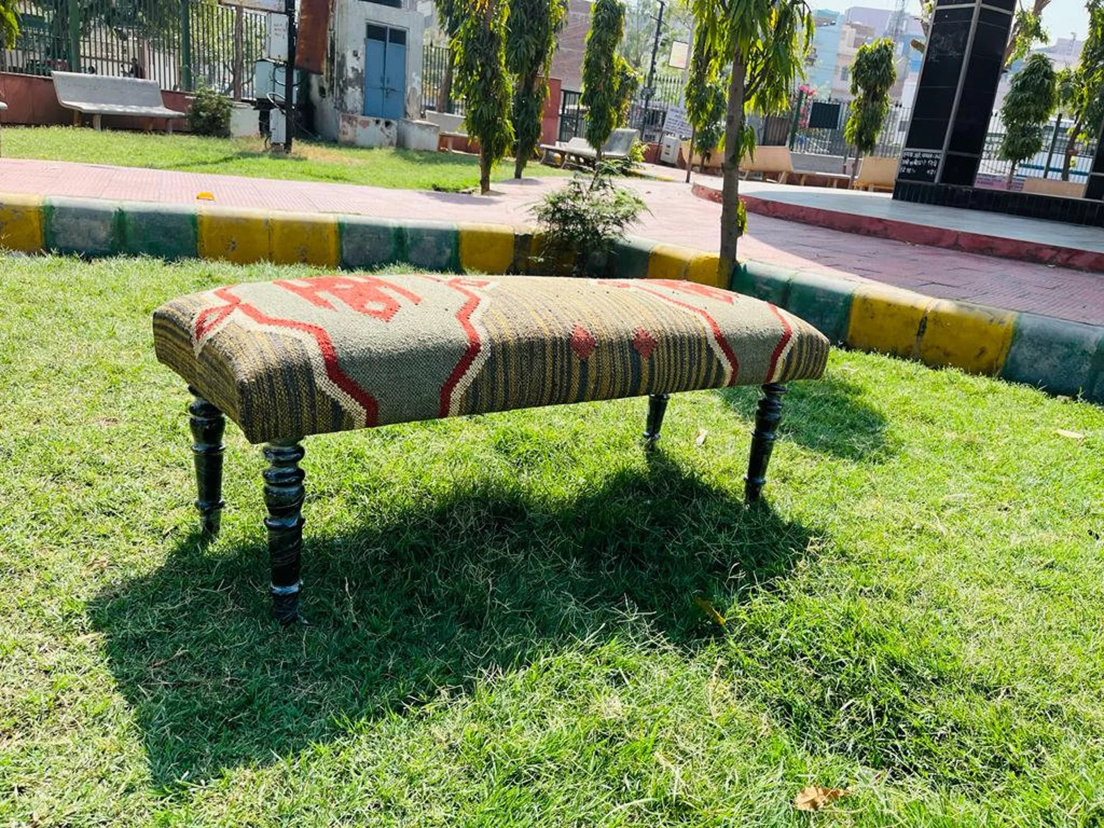 Handmade Kilim Bench – Turkish Rug Upholstered Wood Work Seating