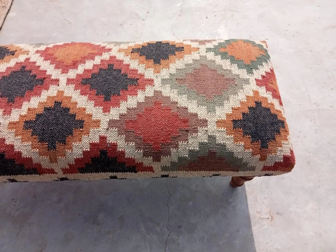 Kilim Bench – Handmade Turkish Rug Upholstered Wooden Ottoman Bench