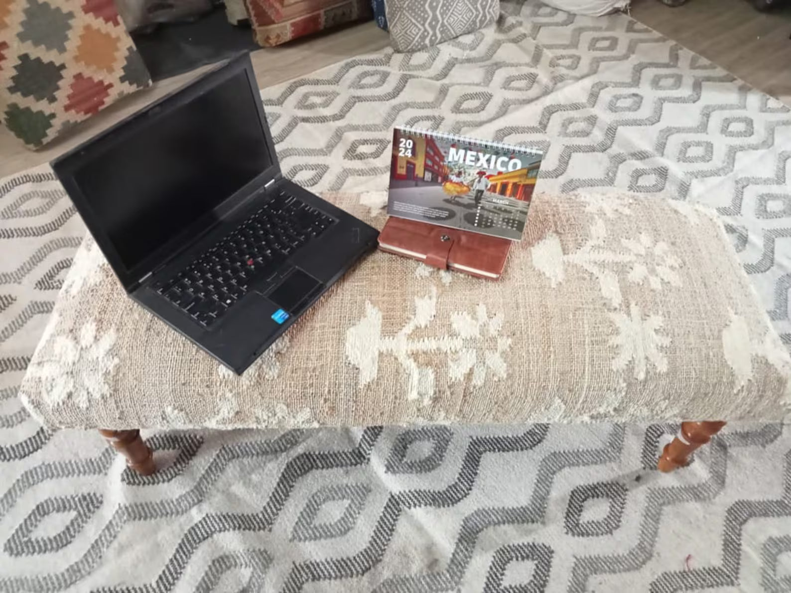 Jute Cotton Wooden Bench – Handmade Upholstered Footstool, Dining & Piano Bench