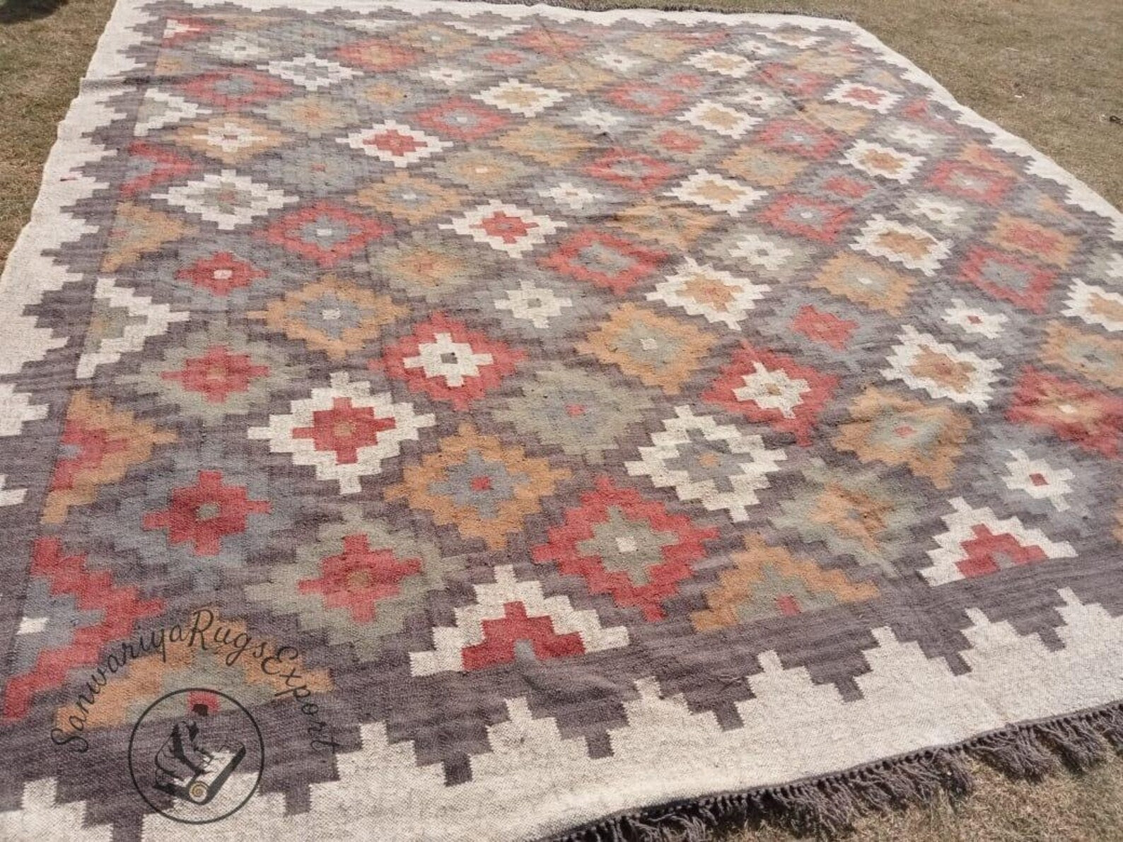 Kilim Wool Jute Multicolor Rug | Handmade Bohemian Area Carpet | Large Living Room Decor | Traditional Indian Dhurrie