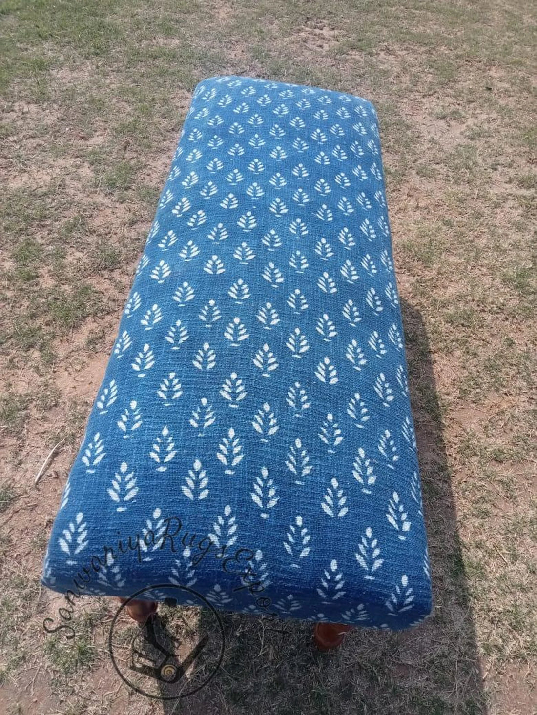 Block Printed Cotton Kilim Bench – Handmade Wooden Ottoman Seat