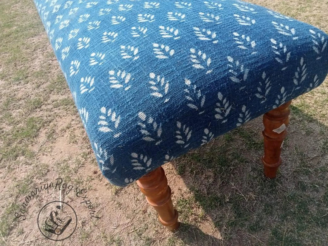 Block Printed Cotton Kilim Bench – Handmade Wooden Ottoman Seat