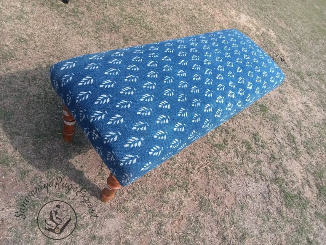 Block Printed Cotton Kilim Bench – Handmade Wooden Ottoman Seat
