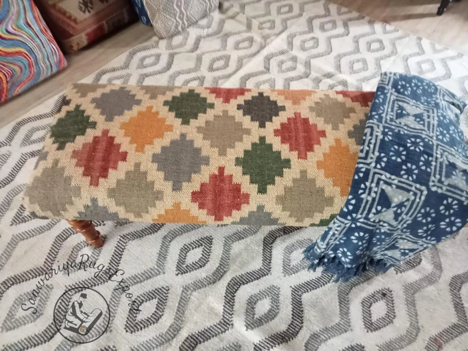 Cotton Bedroom Ottoman Bench – Handmade Wood & Cotton Rug Seating