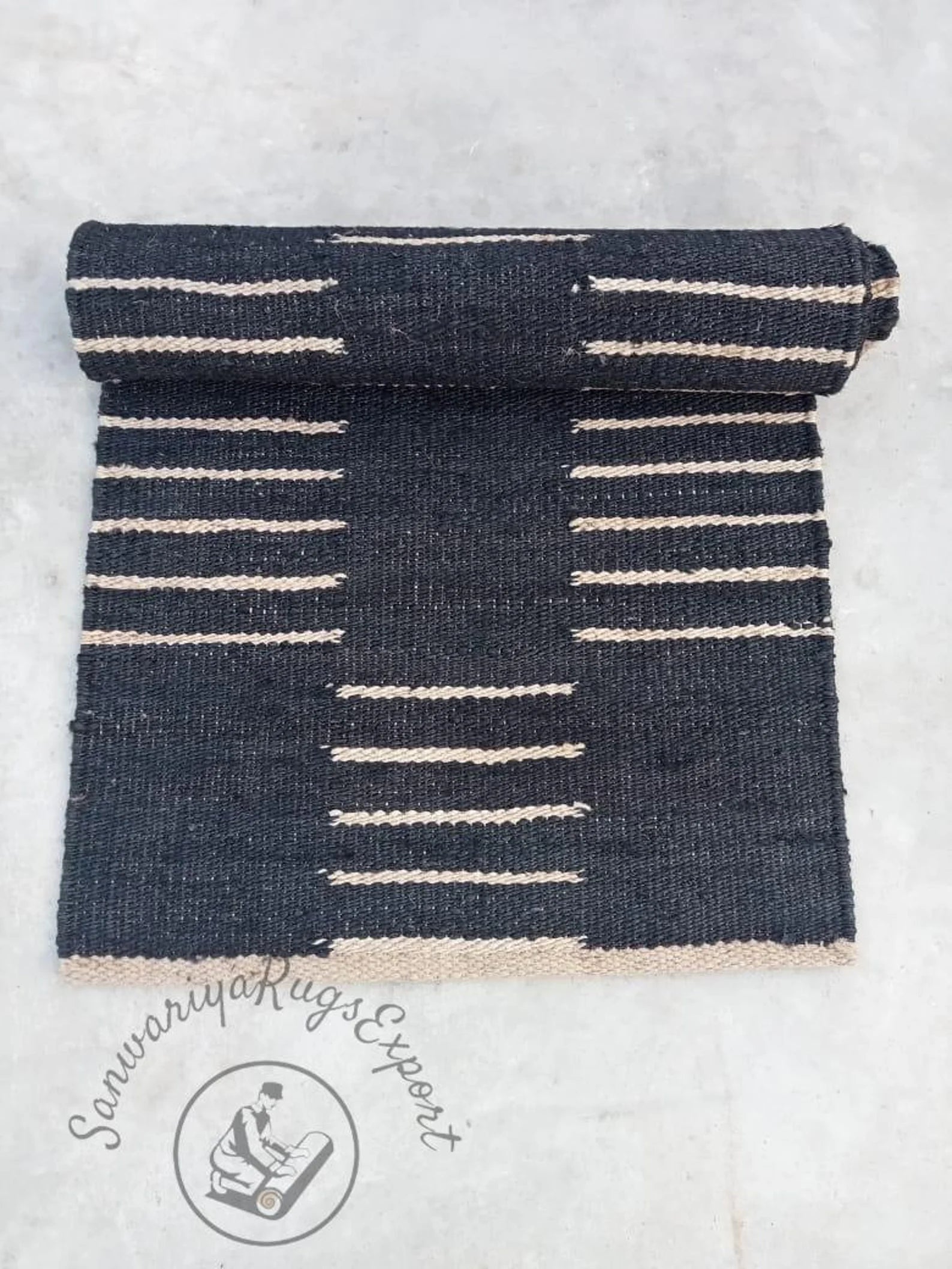 Black & White Line Jute & Hemp Rug – Handwoven Stair, Kitchen & Hallway Runner