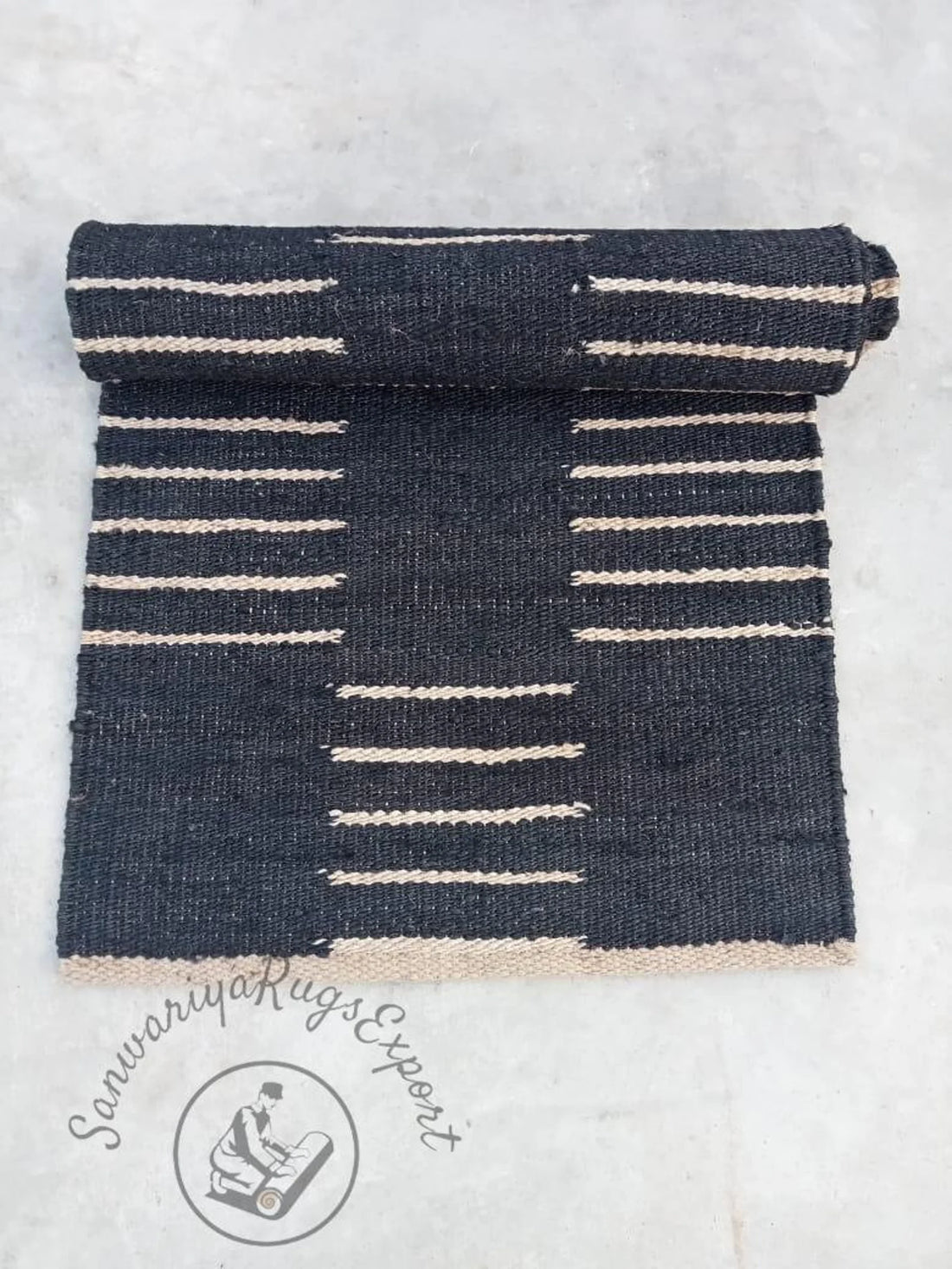 Black & White Line Jute & Hemp Rug – Handwoven Stair, Kitchen & Hallway Runner