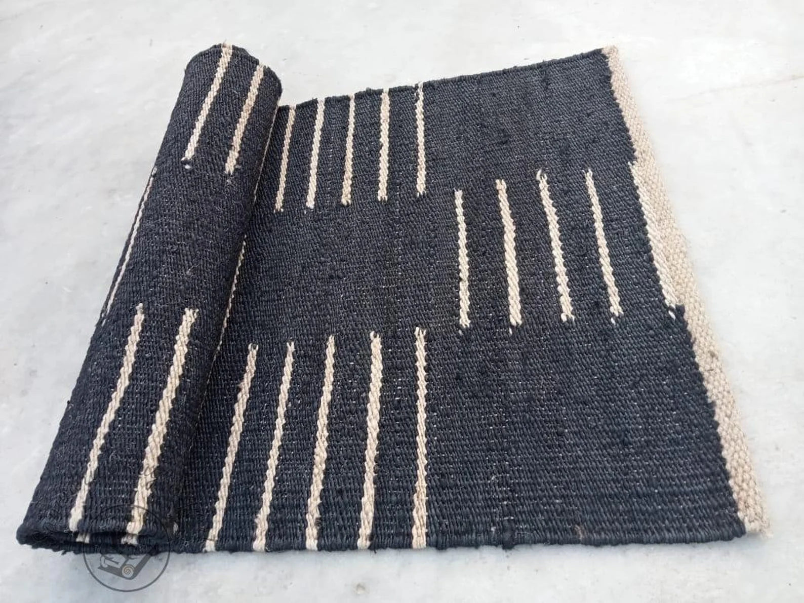 Black & White Line Jute & Hemp Rug – Handwoven Stair, Kitchen & Hallway Runner
