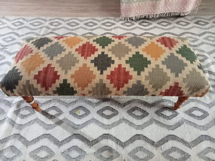 Handmade Kilim Bench – Turkish Rug Upholstered Wooden Seating