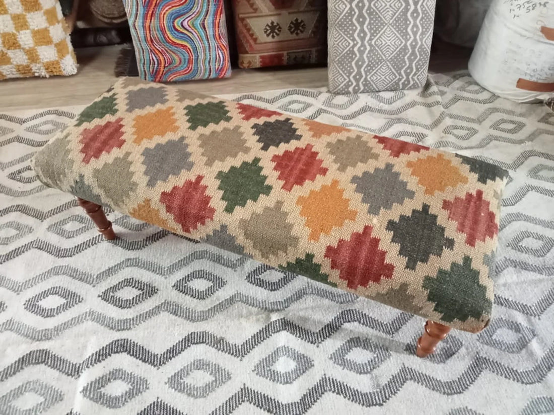 Handmade Kilim Bench – Turkish Rug Upholstered Wooden Seating