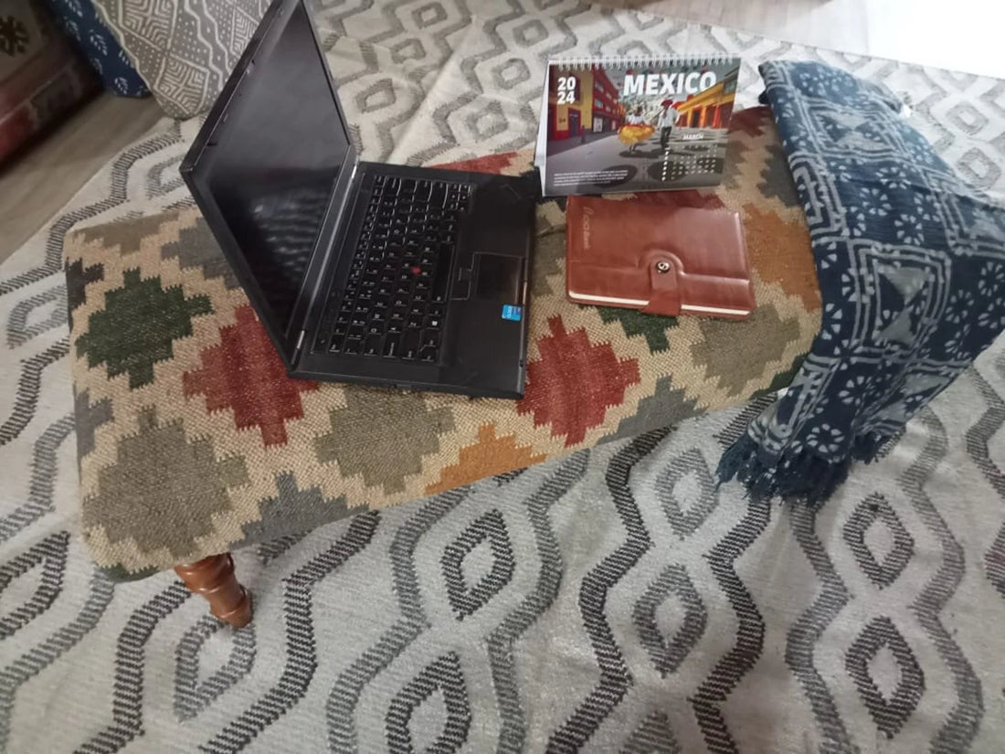 Handmade Kilim Bench – Turkish Rug Upholstered Wooden Seating