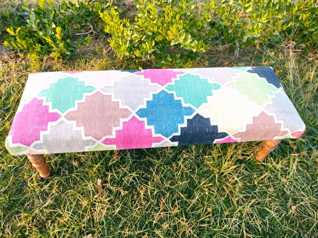 Handmade Kilim Bench – Turkish Rug Upholstered Wood Work Ottoman Seating