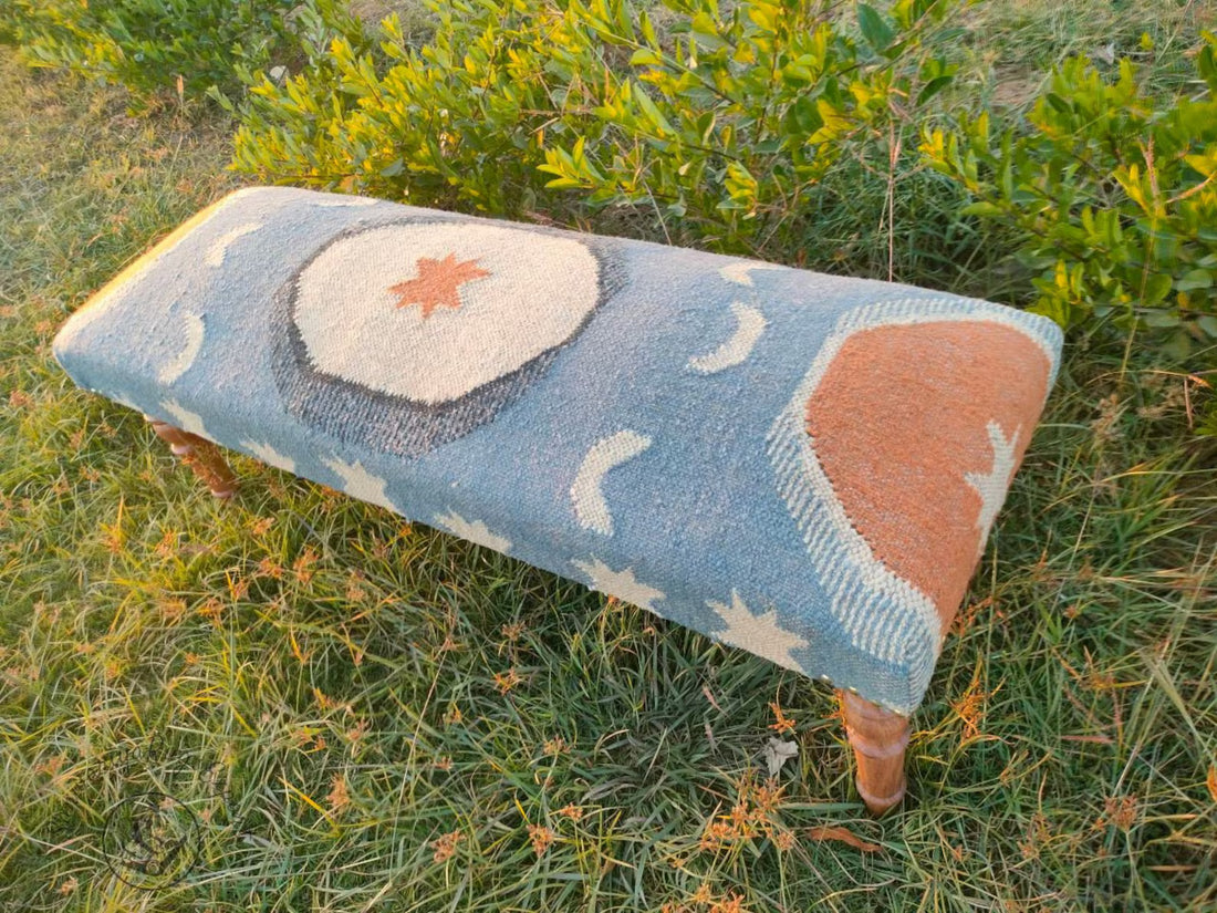 Kilim Bench – Handmade Turkish Rug Upholstered Wood Work Ottoman Seating