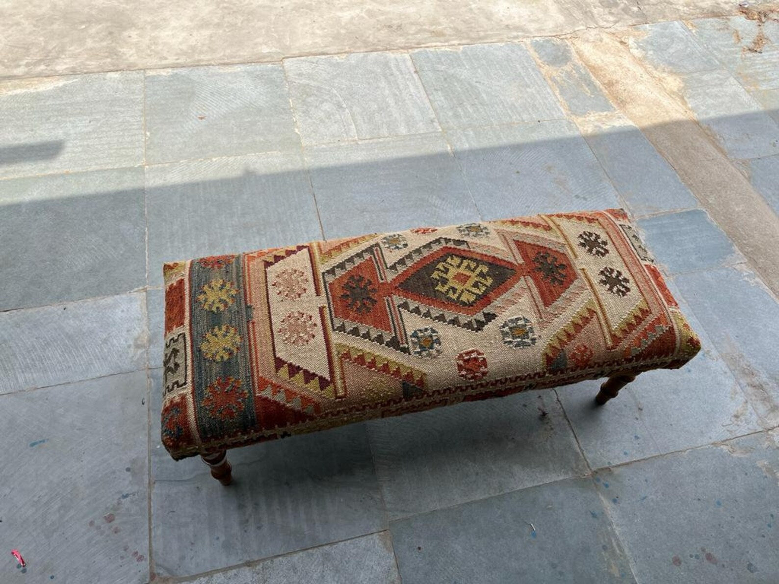 Kilim Bench – Handmade Turkish Rug Upholstered Wooden Ottoman Bench