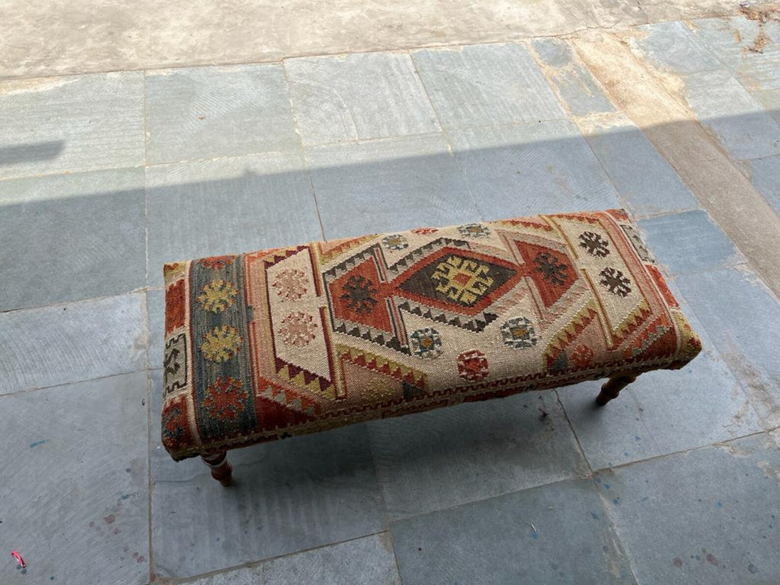 Kilim Bench – Handmade Turkish Rug Upholstered Wooden Ottoman Bench