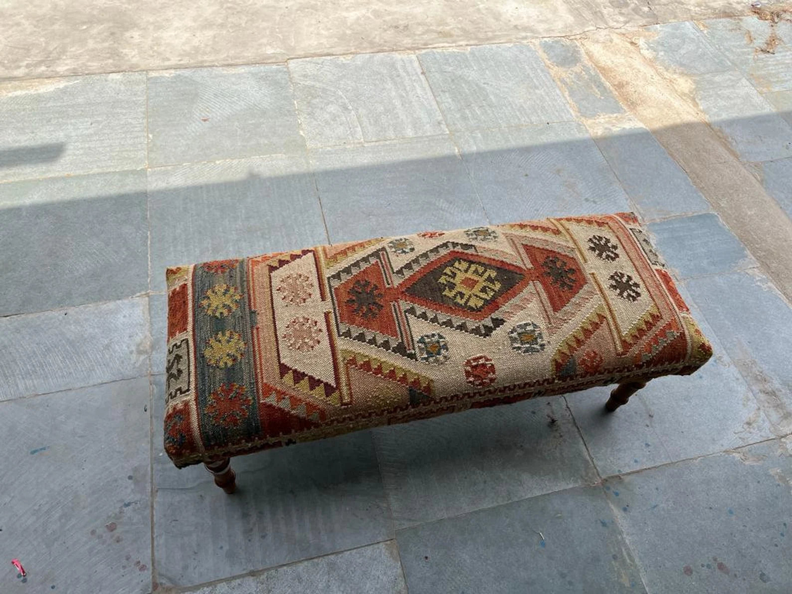 Handwoven Wool Jute Kilim Bench Upholstered Wooden Ottoman Bench