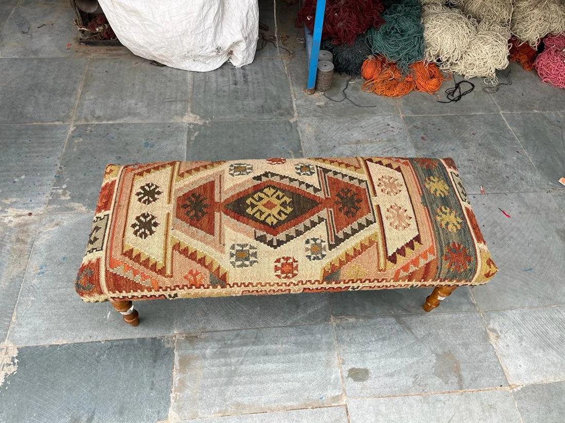 Handwoven Wool Jute Kilim Bench Upholstered Wooden Ottoman Bench