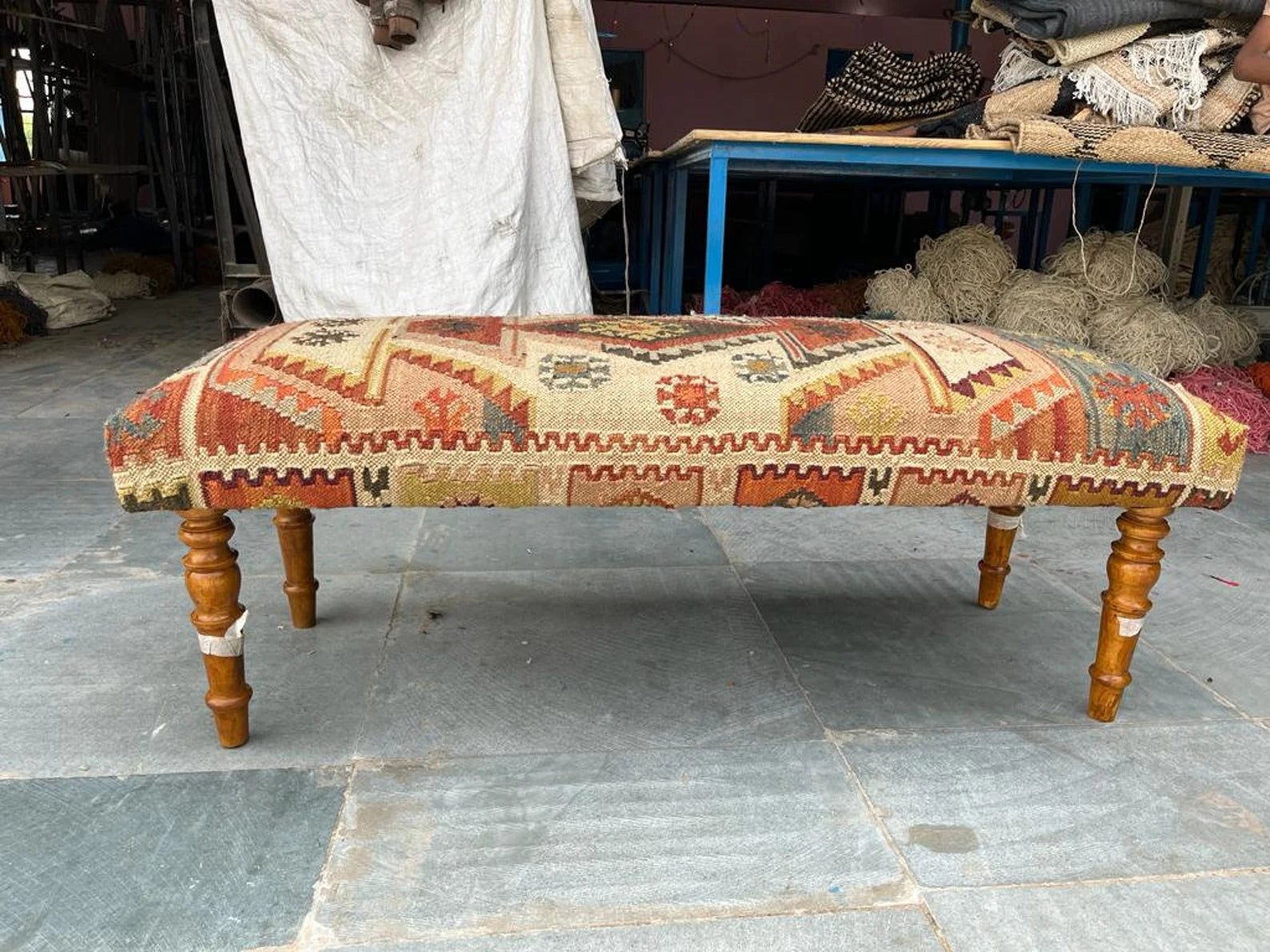 Handwoven Wool Jute Kilim Bench Upholstered Wooden Ottoman Bench