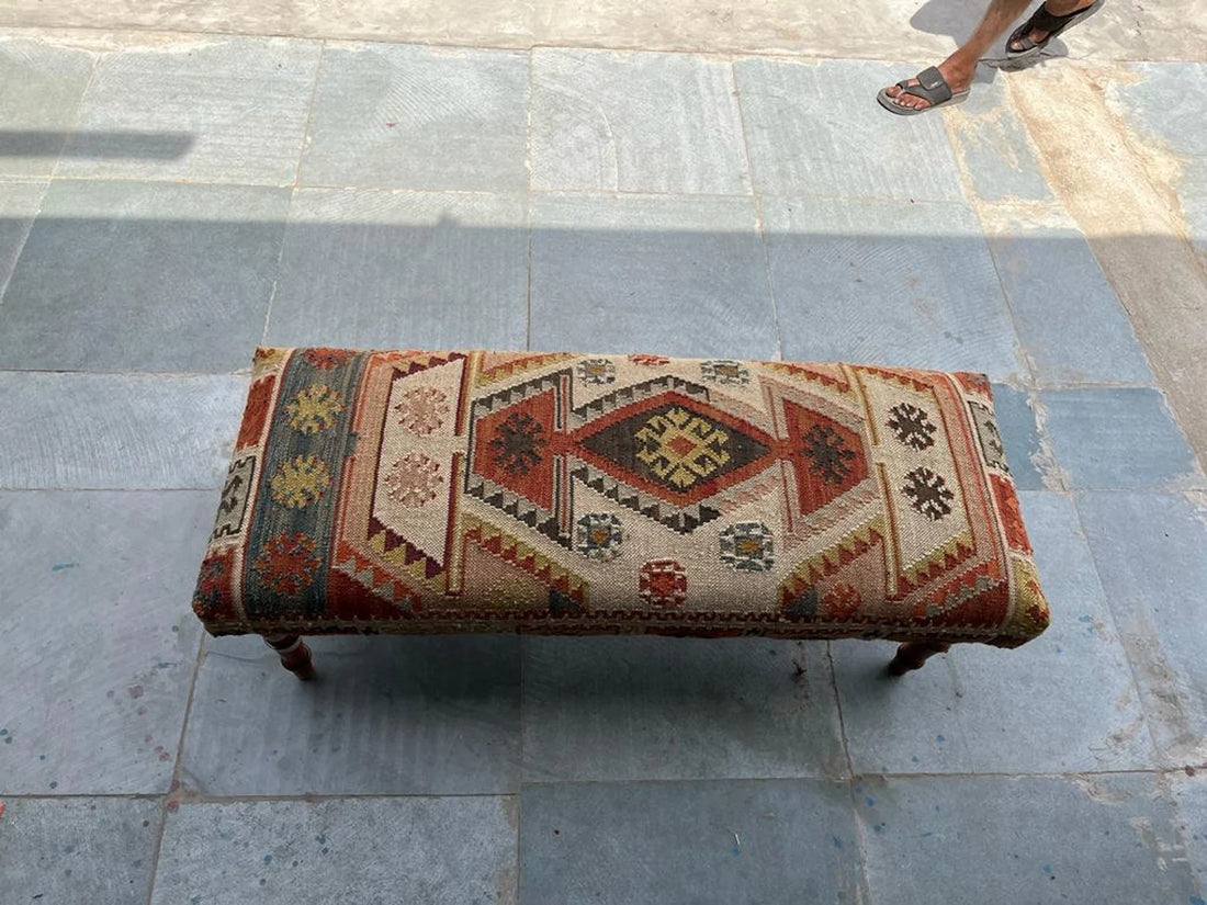 Handwoven Wool Jute Kilim Bench Upholstered Wooden Ottoman Bench