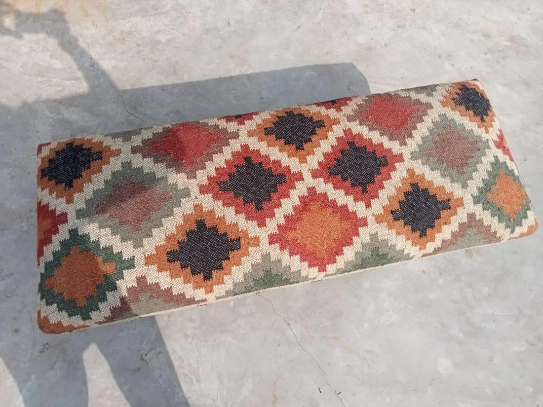 Kilim Bench – Handmade Turkish Rug Upholstered Wooden Ottoman Bench