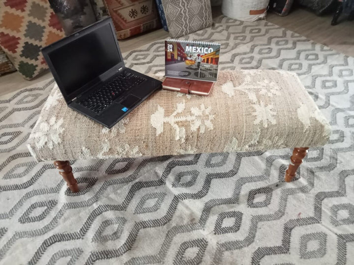 Jute Cotton Wooden Bench – Handmade Upholstered Footstool, Dining & Piano Bench