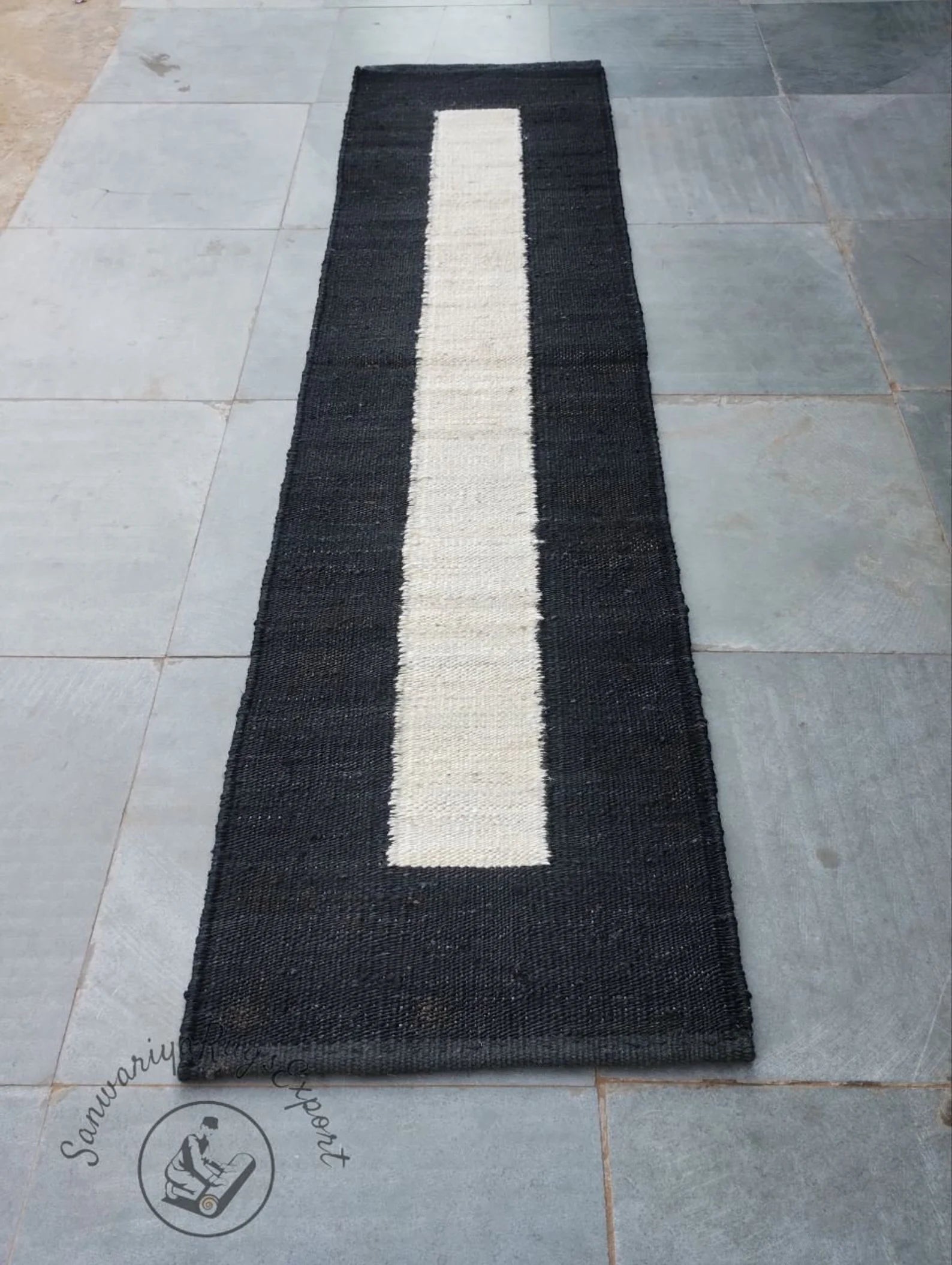 Handwoven Hemp Jute Runner with Black & Off-White Geometric Stripe Pattern