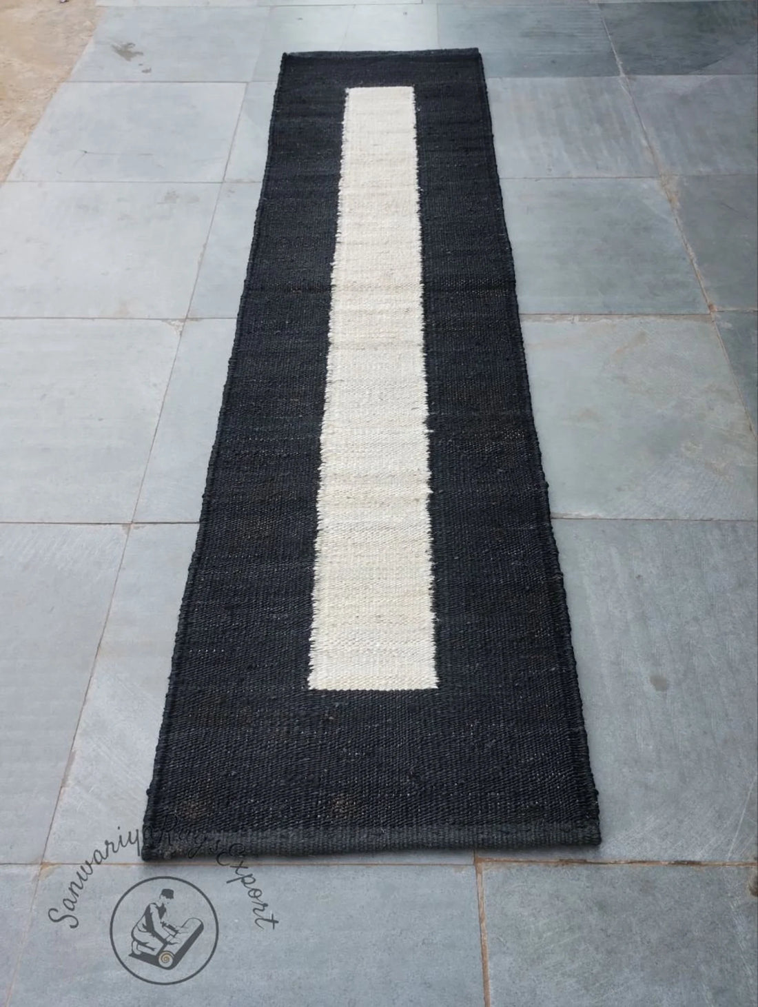 Handwoven Hemp Jute Runner with Black & Off-White Geometric Stripe Pattern