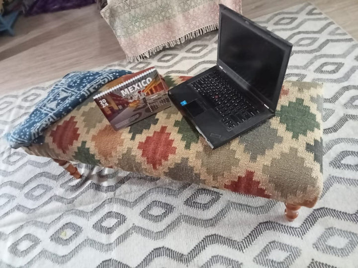 Handmade Kilim Bench – Acacia Wood Ottoman with Wool Kilim Jute Rug