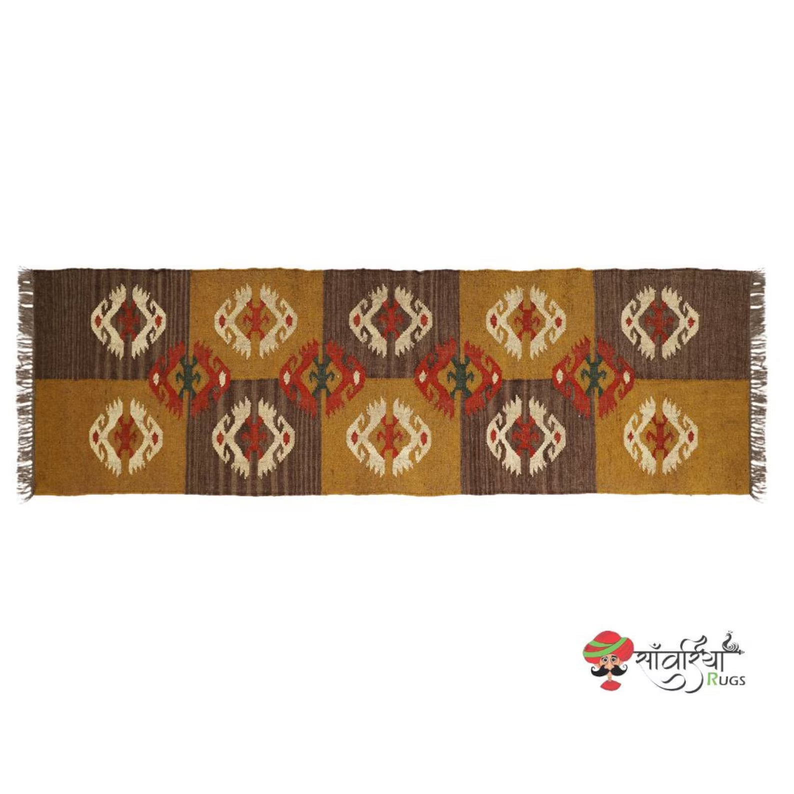 Handwoven Wool Jute Kilim Runner Rug with Traditional Oriental Geometric Motifs