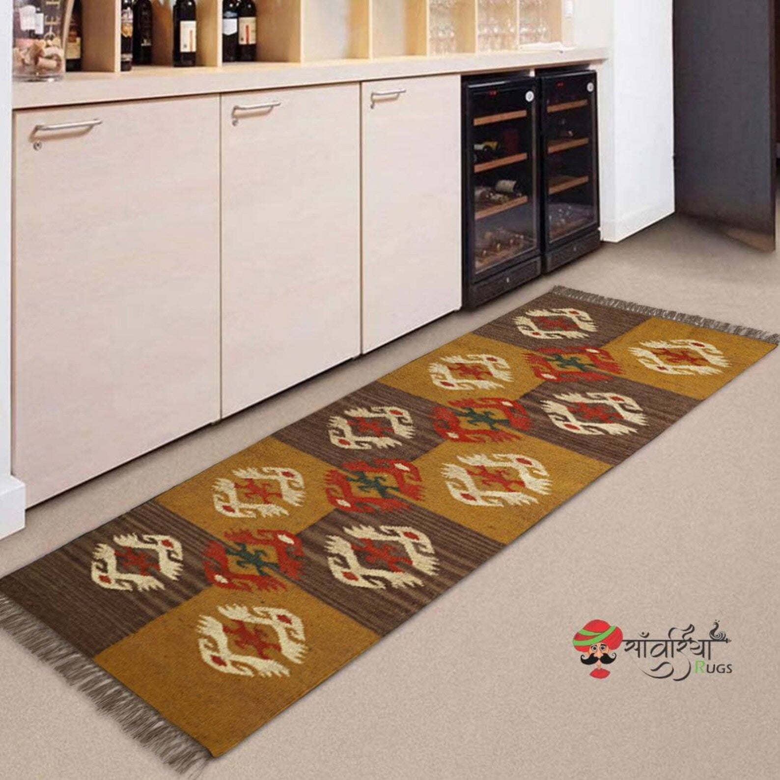 Handwoven Wool Jute Kilim Runner Rug with Traditional Oriental Geometric Motifs