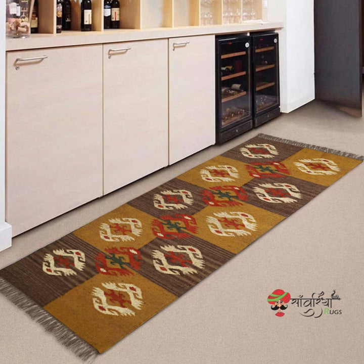 Handwoven Wool Jute Kilim Runner Rug with Traditional Oriental Geometric Motifs