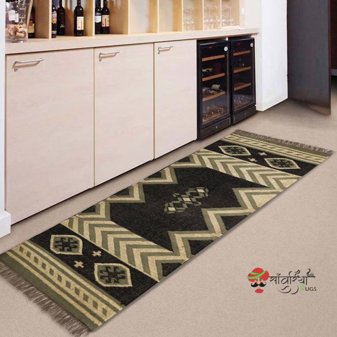 Handwoven Wool Jute Kilim Runner Rug with Traditional Oriental Geometric Patterns