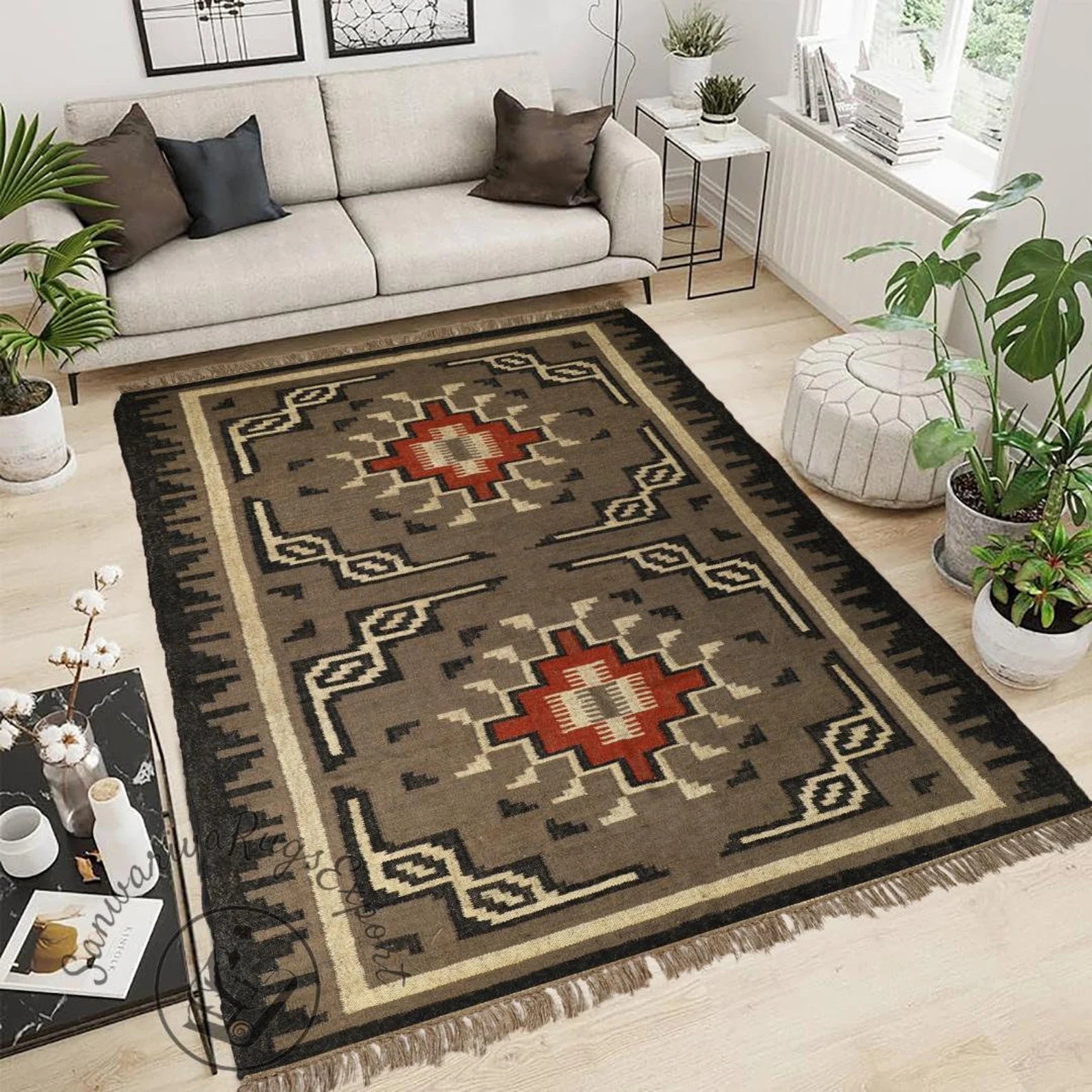 Handmade Kilim Rug | Wool and Jute Handwoven Dhurrie | Traditional Indian Carpet