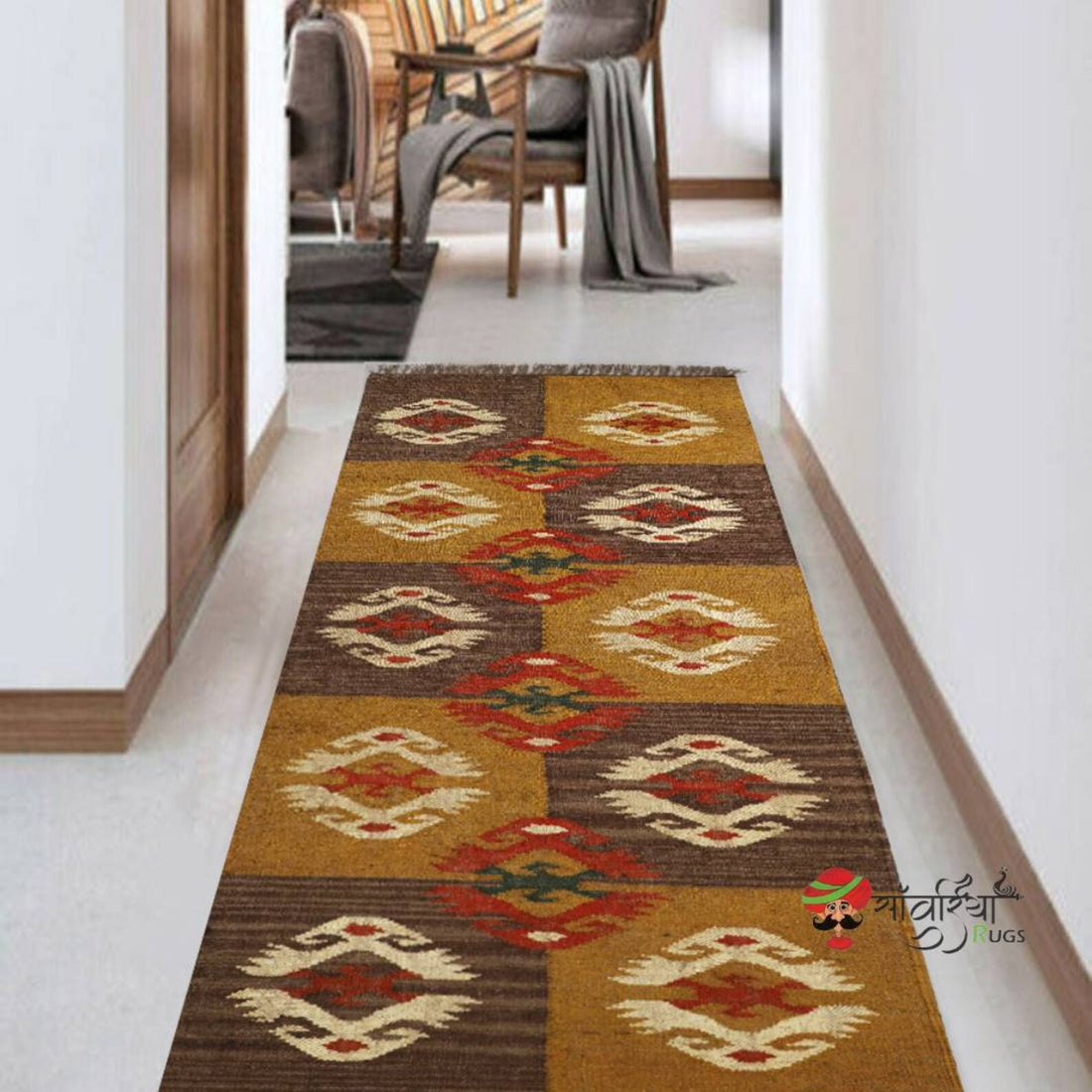 Handwoven Wool Jute Kilim Runner Rug with Traditional Oriental Geometric Motifs