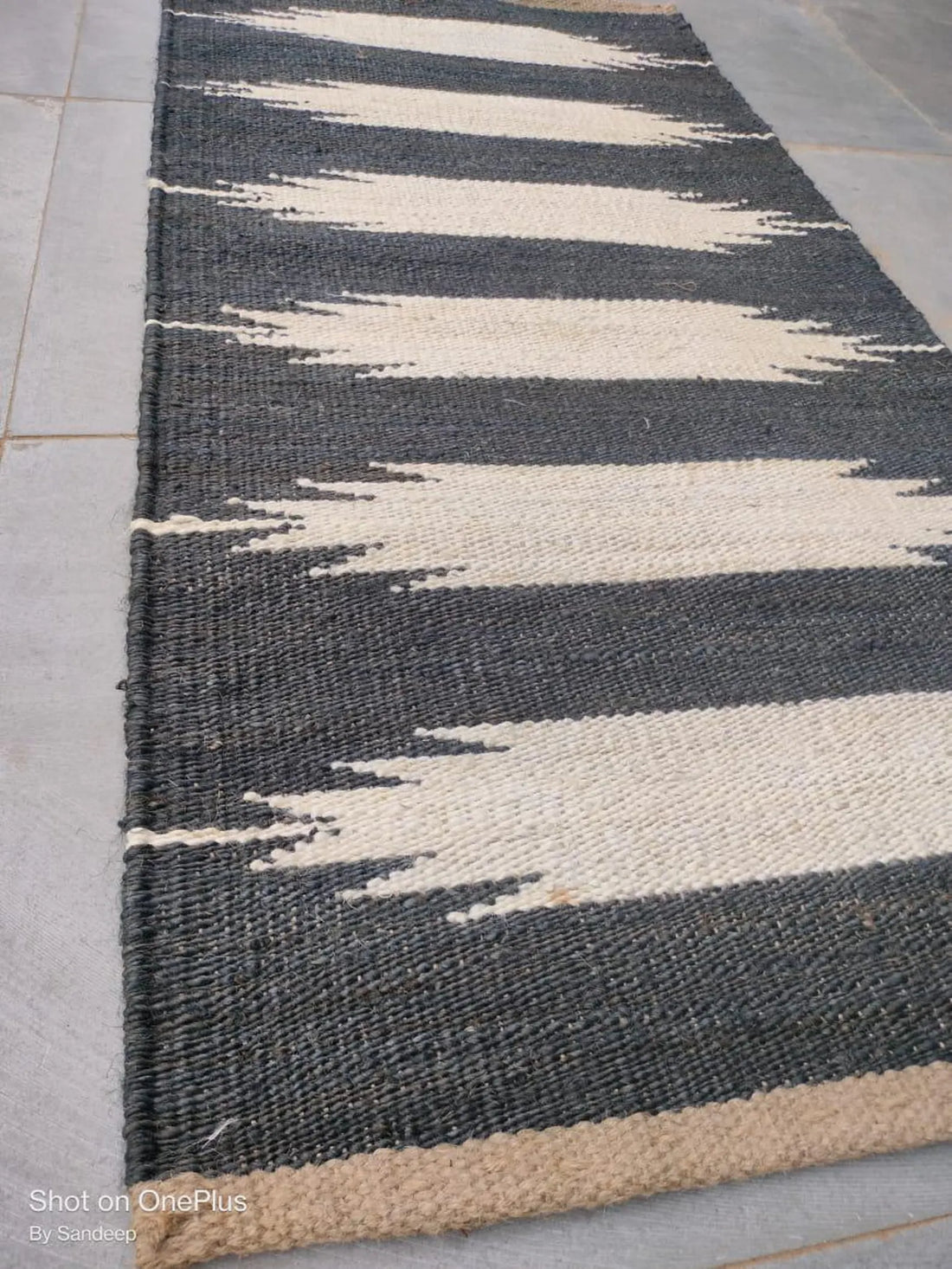 Handmade Natural Jute Runner Rug with Black Hemp Pattern