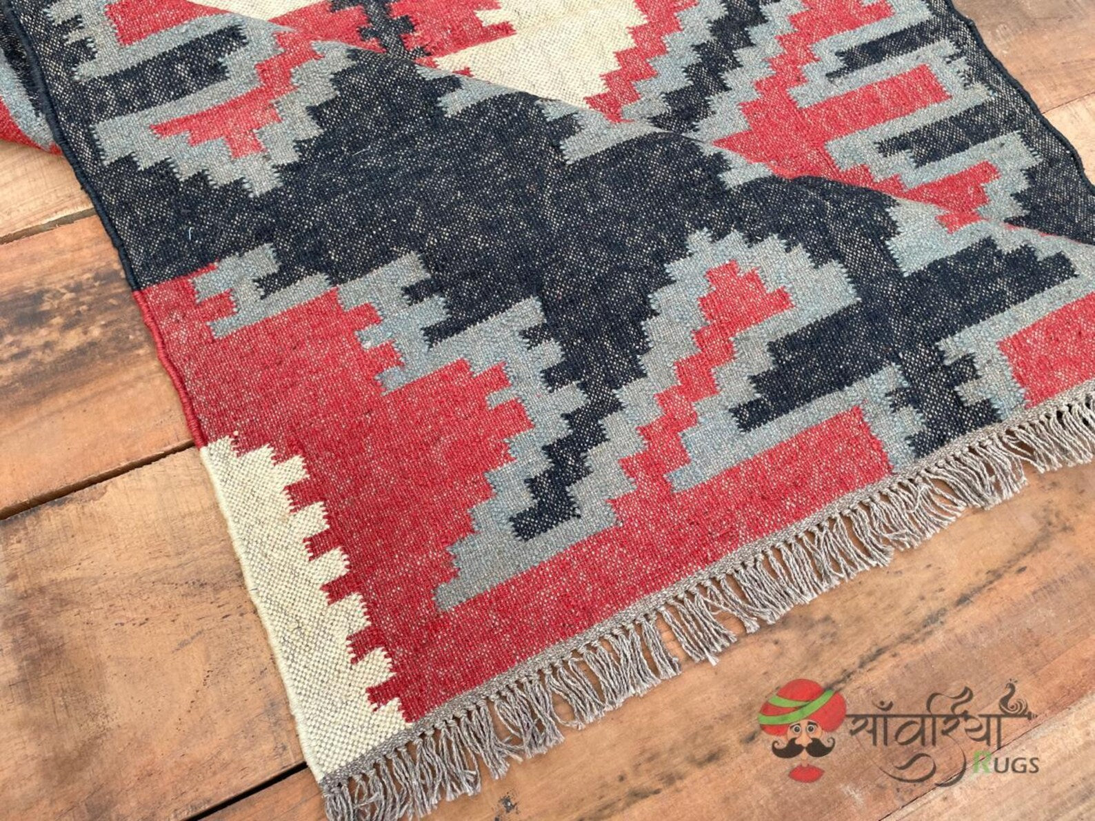 Handwoven Wool Jute Kilim Rug – Traditional Indian Dhurrie