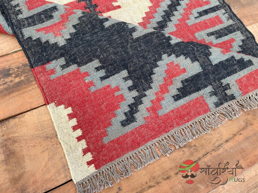 Handwoven Wool Jute Kilim Rug – Traditional Indian Dhurrie