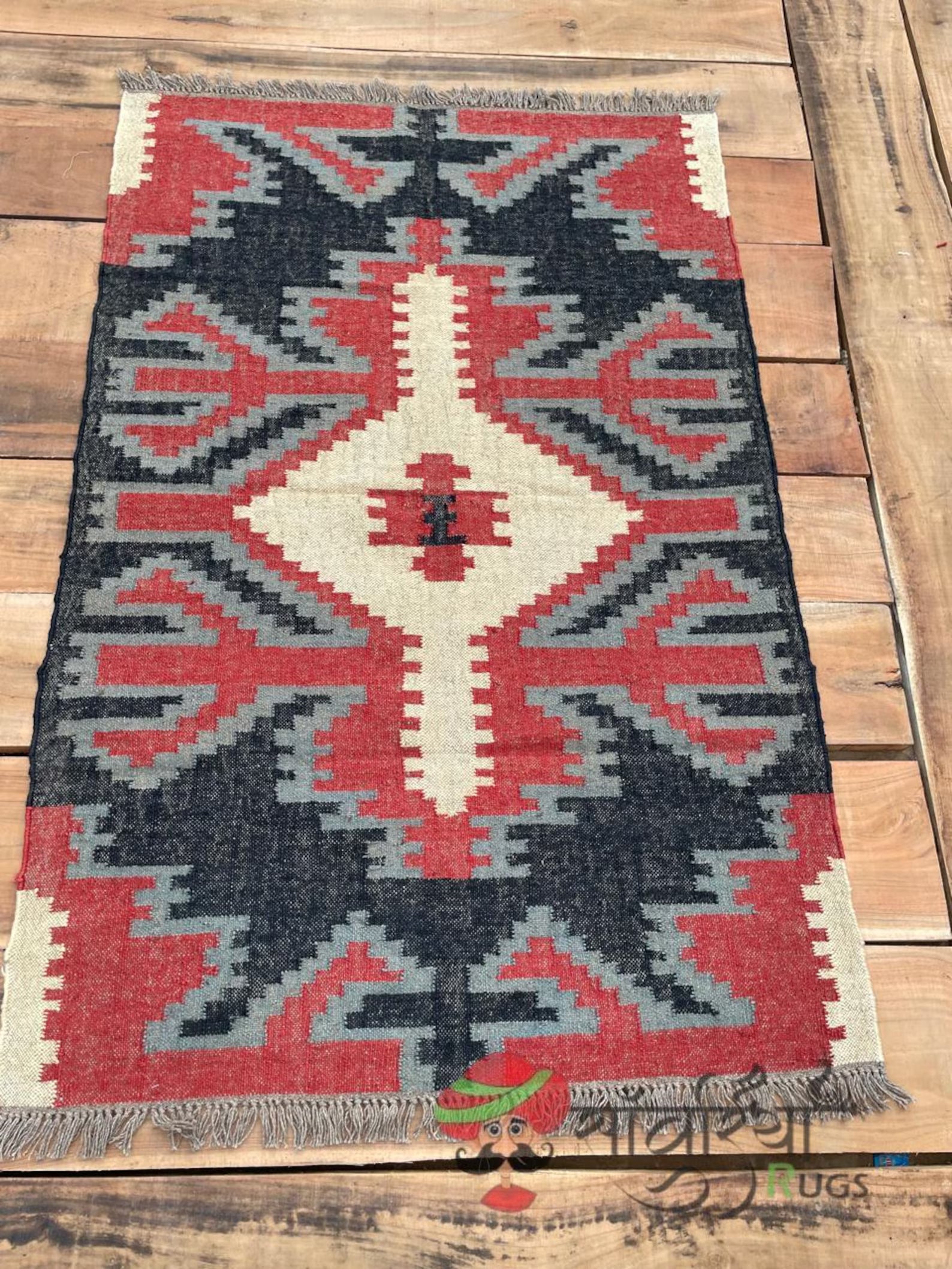 Handwoven Wool Jute Kilim Rug – Traditional Indian Dhurrie