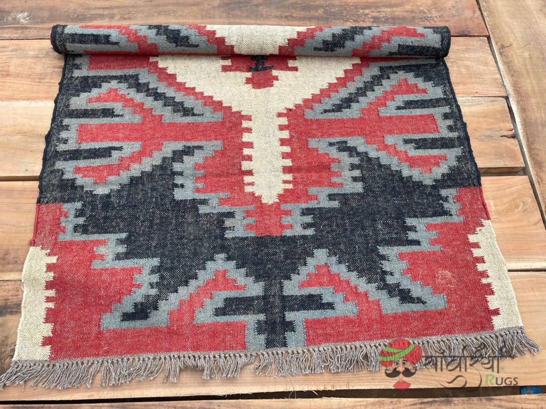 Handwoven Wool Jute Kilim Rug – Traditional Indian Dhurrie