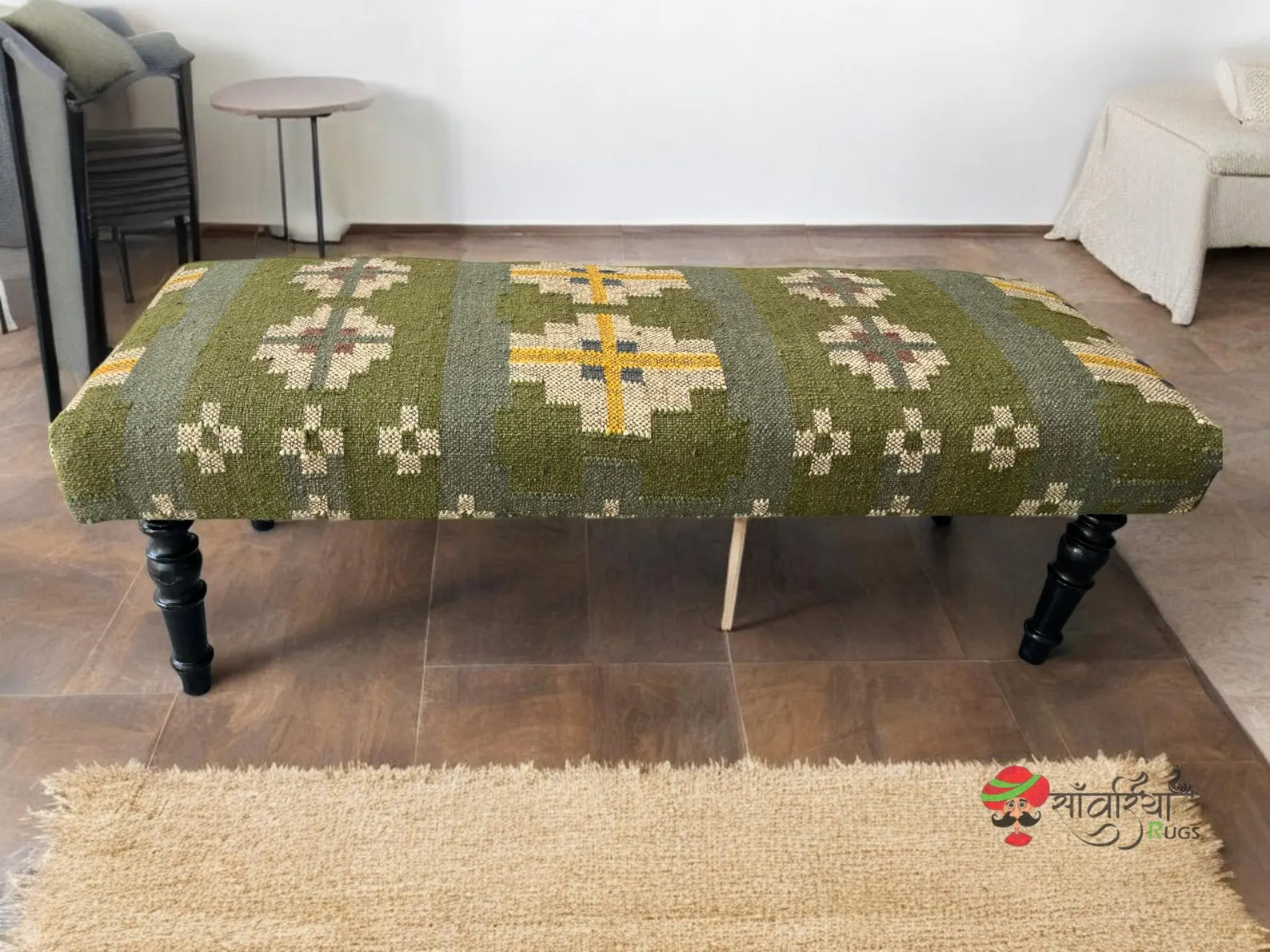 Handmade Green Kilim Bench – Rustic Wool Jute Ottoman