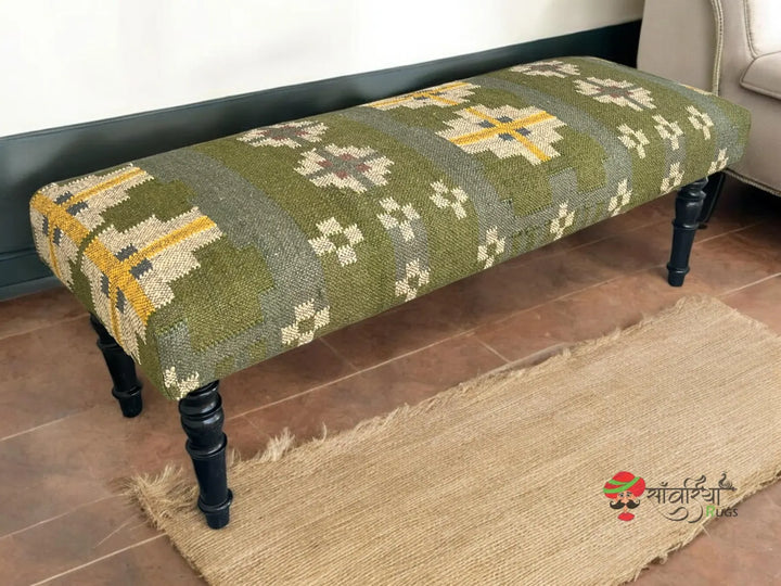 Handmade Green Kilim Bench – Rustic Wool Jute Ottoman