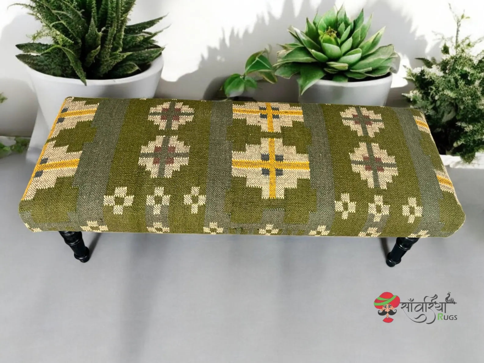 Handmade Green Kilim Bench – Rustic Wool Jute Ottoman