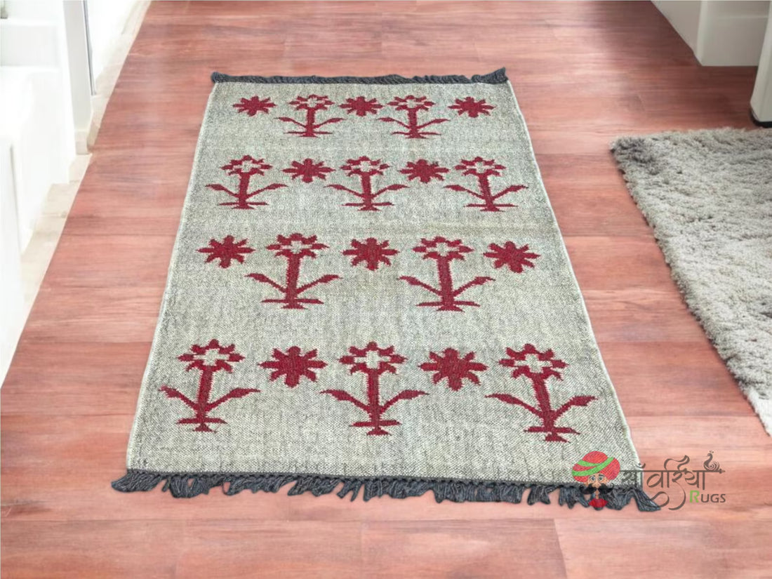Handmade Red Flower Pattern Kilim Rug – Wool & Jute Flatweave Dhurrie