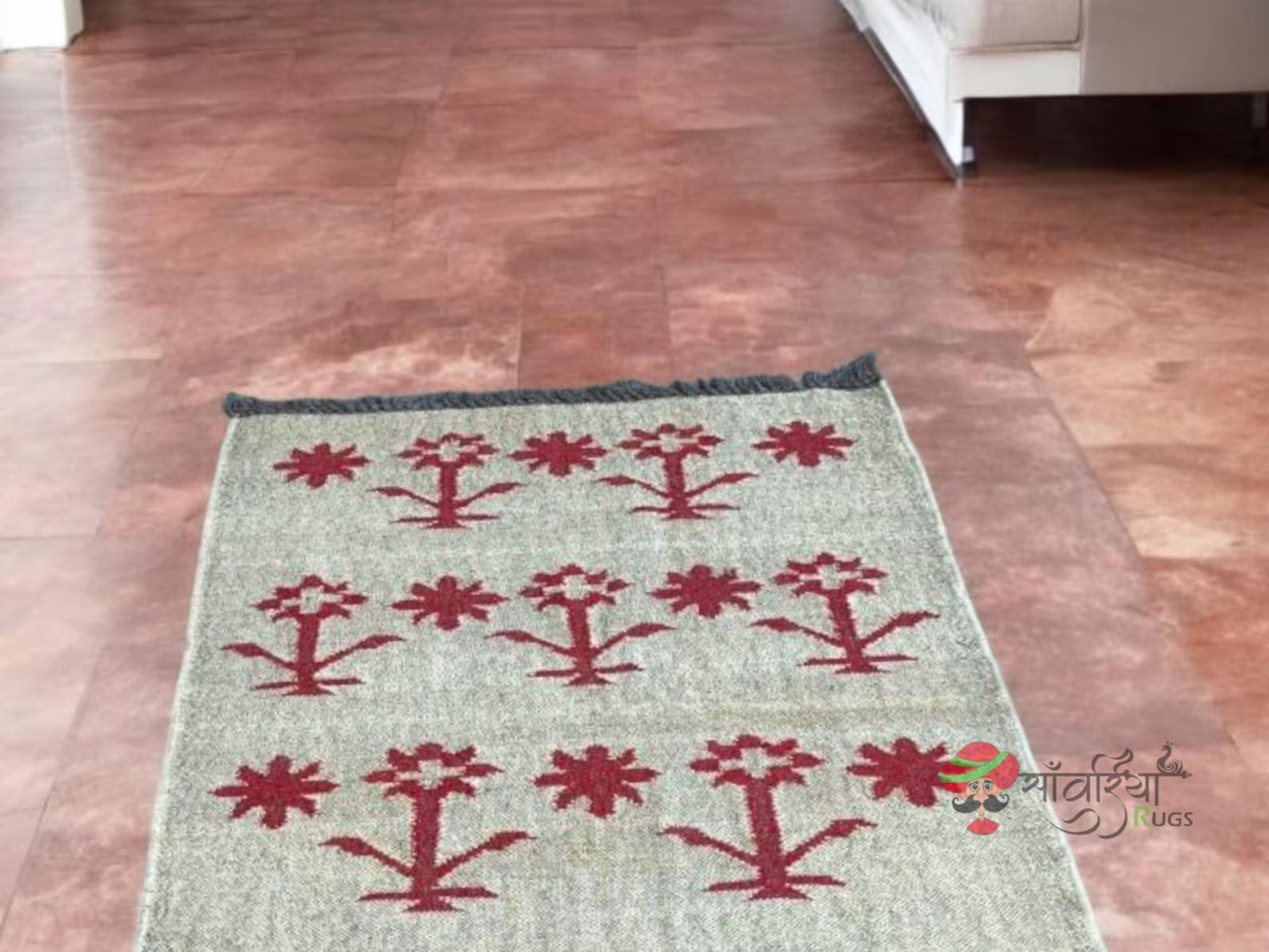 Handmade Red Flower Pattern Kilim Rug – Wool & Jute Flatweave Dhurrie