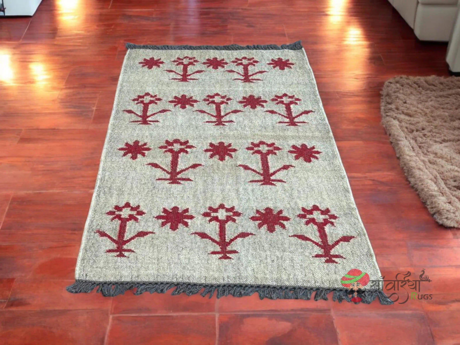 Handmade Red Flower Pattern Kilim Rug – Wool & Jute Flatweave Dhurrie